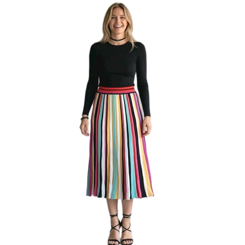 New‎ York & Co 7th Ave Skirt Sz XS Rainbow Stripe Knit Pleated Midi Artsy Boho